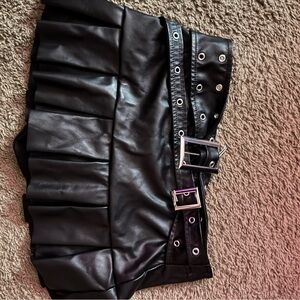 Black Leather Pleated Mini Skirt with Belt